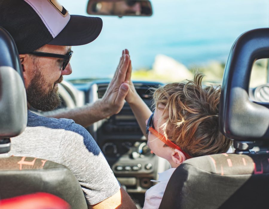 Road trip. Father and son travelling together by car